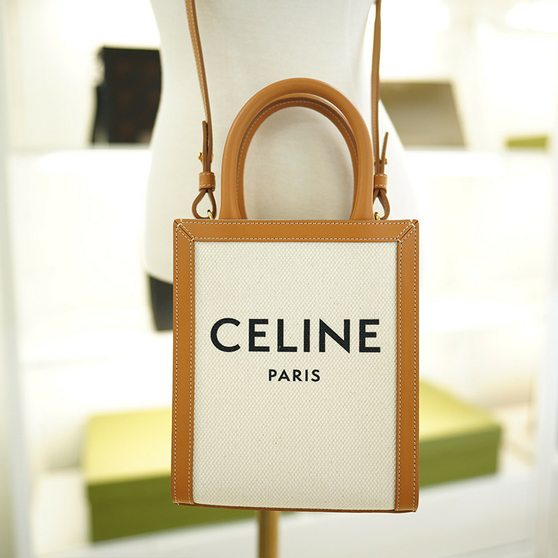 CELINE 帆布直式 Cabas 包 白色 棕色皮革 193302BNZ.02NT-7