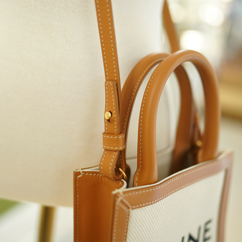 CELINE 帆布直式 Cabas 包 白色 棕色皮革 193302BNZ.02NT-8