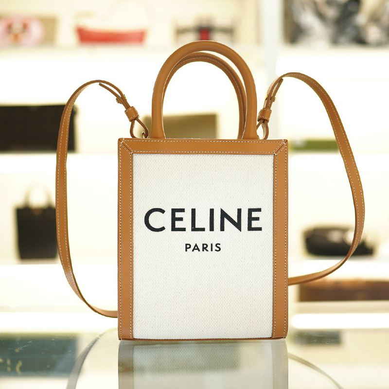 CELINE 帆布直式 Cabas 包 白色 棕色皮革 193302BNZ.02NT-9
