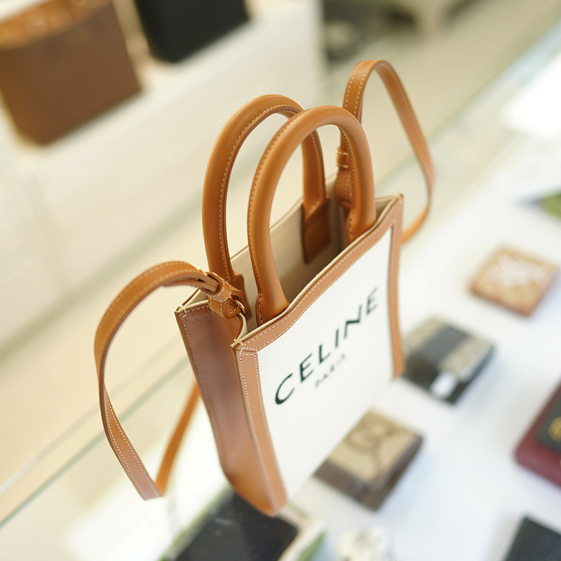CELINE 帆布直式 Cabas 包 白色 棕色皮革 193302BNZ.02NT-10