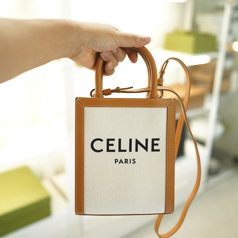 CELINE 帆布直式 Cabas 包 白色 棕色皮革 193302BNZ.02NT-12