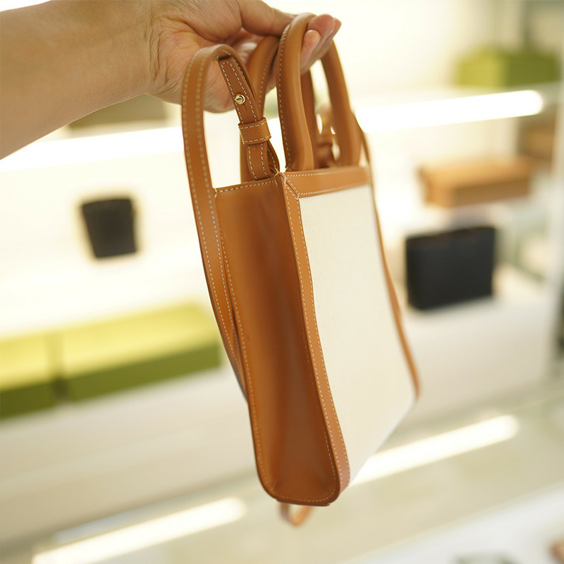 CELINE 帆布直式 Cabas 包 白色 棕色皮革 193302BNZ.02NT-15