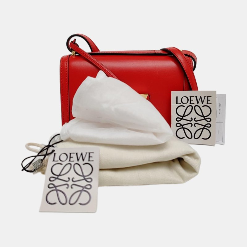 LOEWE Barcelona紅色牛皮單肩包斜挎包金色五金可拆卸肩帶-7