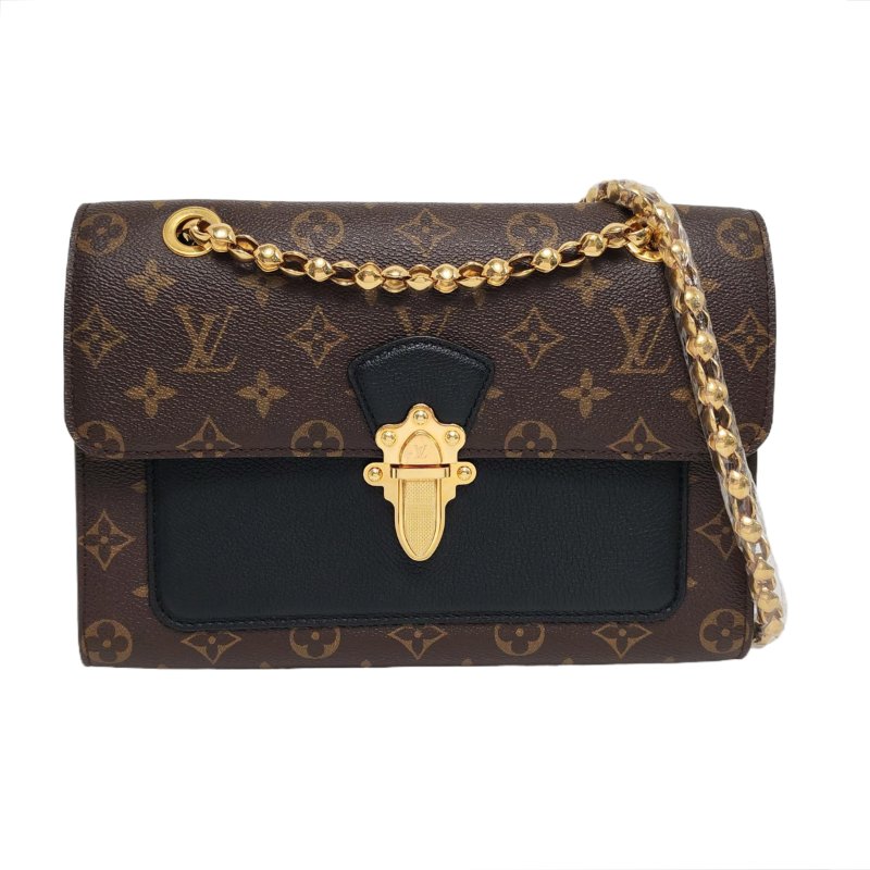 LOUIS VUITTONVICTOIRE 棕色塗層帆布老花單肩包斜挎包 金色五金 9.8新-0