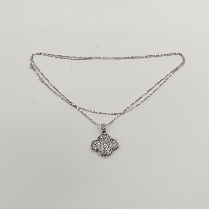 Van Cleef & Arpels MagicAlhambra大號單花項鏈滿鑽18K白金/鑽石毛衣鏈白金鑽石/18K項鍊-4