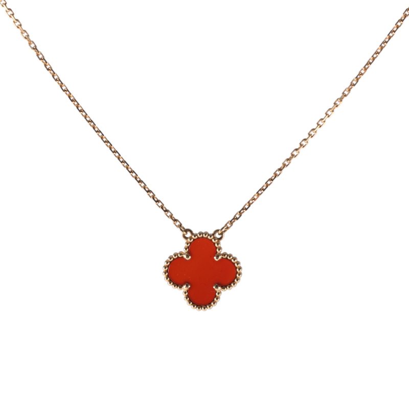 Van Cleef & Arpels VintageAlhambra中號單花項鏈新扣18K黃金/紅玉髓項鏈黃金項鍊-0