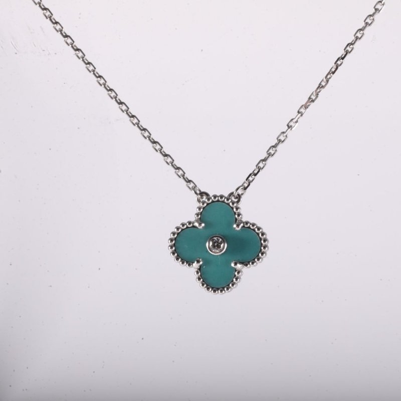 Van Cleef & Arpels VintageAlhambra中號單花項鏈2022年聖誕單鑽18K白金/鑽石/青陶瓷項鏈白金鑽石/18K/青陶瓷項鍊-4
