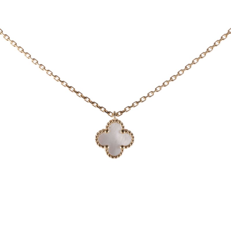 Van Cleef & Arpels VintageAlhambra中號單花項鏈新扣18K黃金/白貝母項鏈黃金項鍊-0