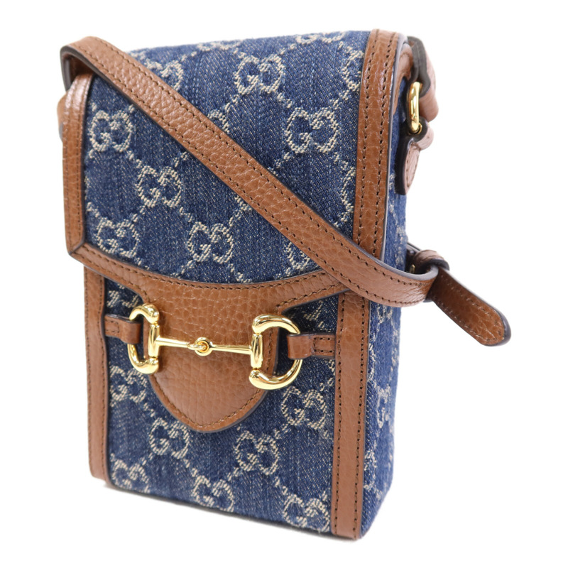 GUCCI 牛皮皮革/牛仔布Horsebit 1955 Mini金扣肩背袋-2