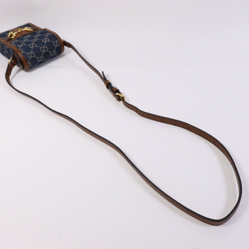 GUCCI 牛皮皮革/牛仔布Horsebit 1955 Mini金扣肩背袋-8
