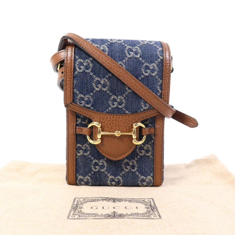 GUCCI 牛皮皮革/牛仔布Horsebit 1955 Mini金扣肩背袋-9