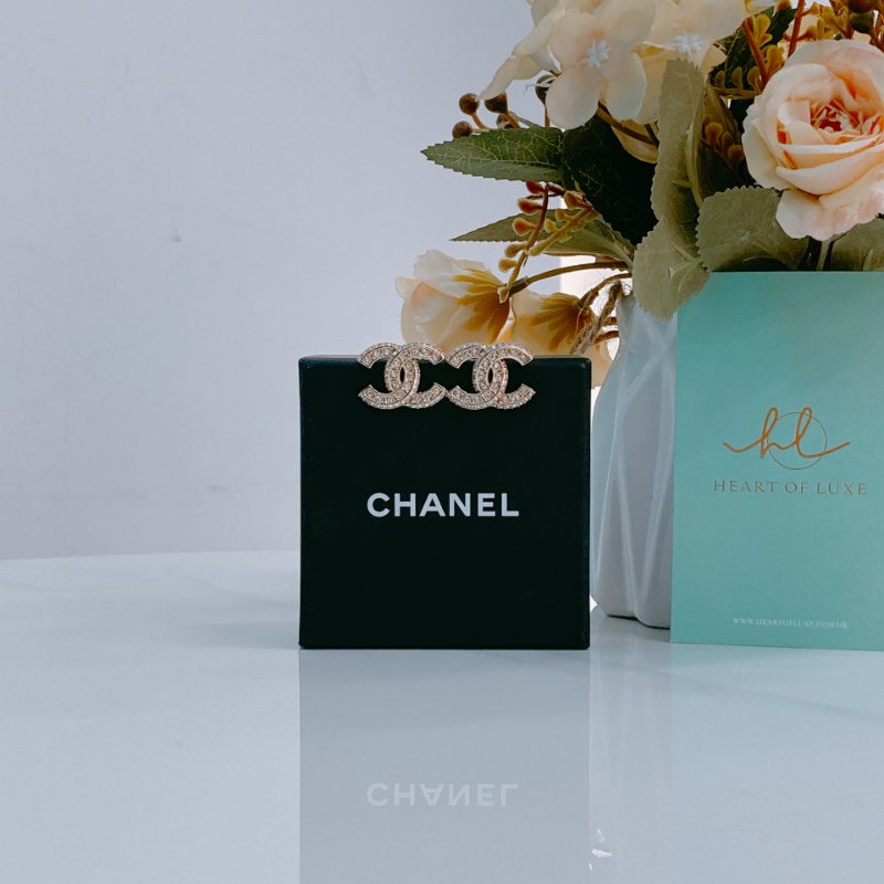 MS0413 Chanel 香奈兒 水鑽 淡金 耳環 CC Logo 2cm Crystal X LGHW-0