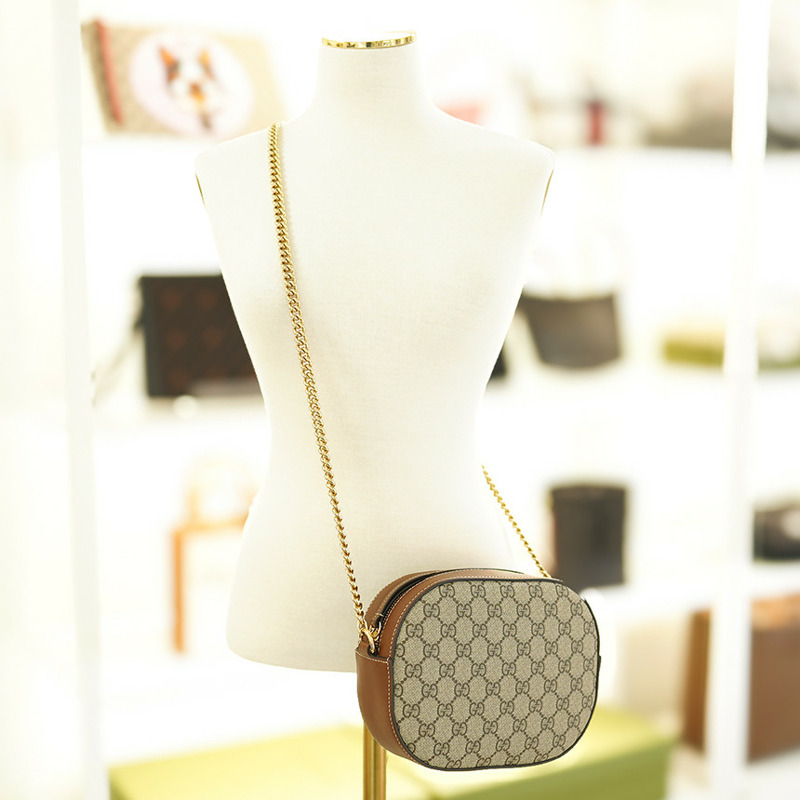 GUCCI 女士斜背包 帆布 棕色 皮革鏈條 779784 KHNKG 8534-8