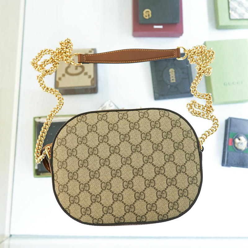 GUCCI 女士斜背包 帆布 棕色 皮革鏈條 779784 KHNKG 8534-22