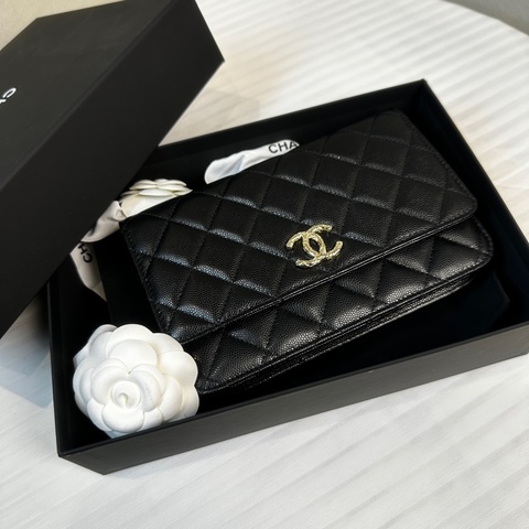 98新 香奈儿/Chanel Wallet on Chain WOC 金扣黑色荔枝皮特殊刻印雙C鏈條口蓋單肩19.5×3×12.5cm