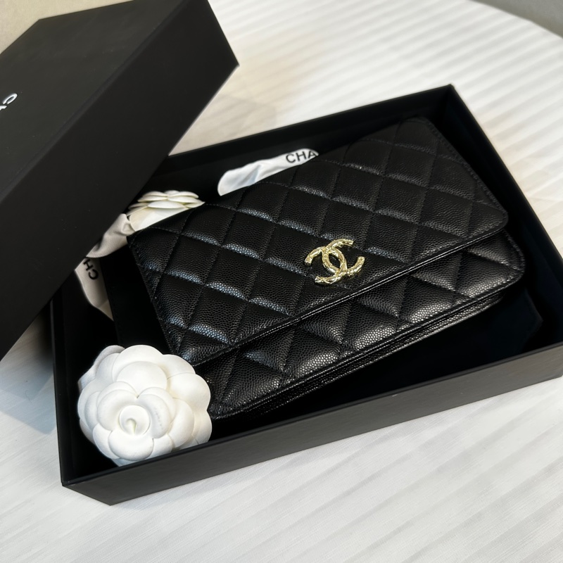 99新 香奈兒/Chanel Wallet on Chain WOC 金扣黑色荔枝皮特殊刻印雙C鏈條口蓋單肩19.5×3×12.5cm-0