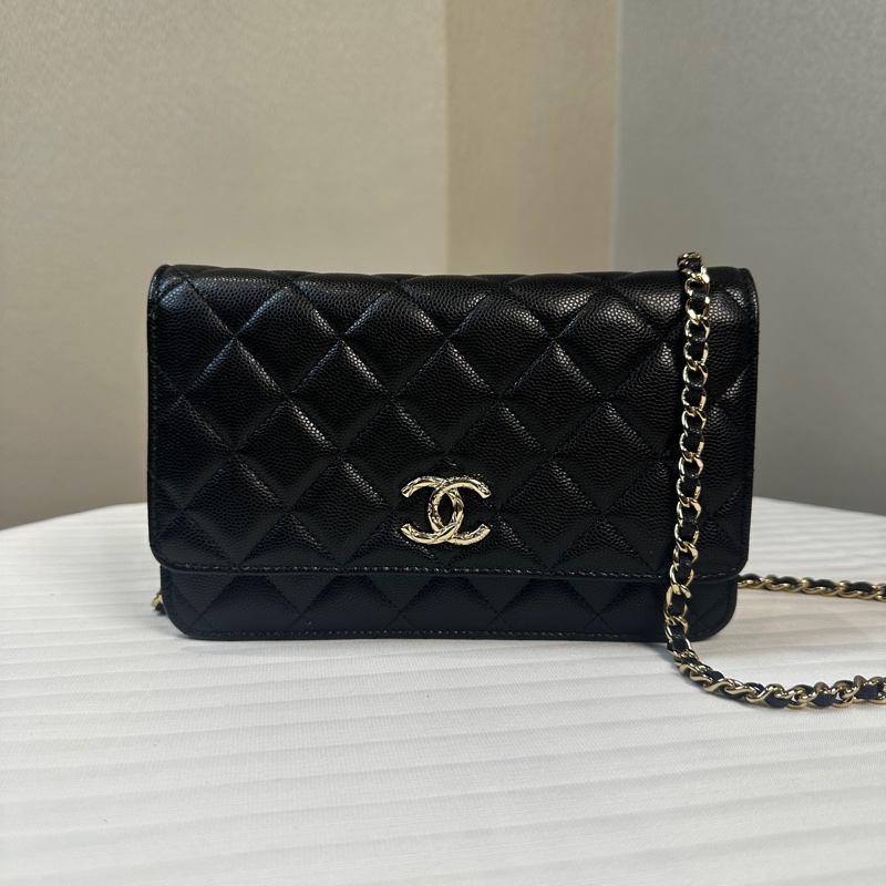99新 香奈兒/Chanel Wallet on Chain WOC 金扣黑色荔枝皮特殊刻印雙C鏈條口蓋單肩19.5×3×12.5cm-1