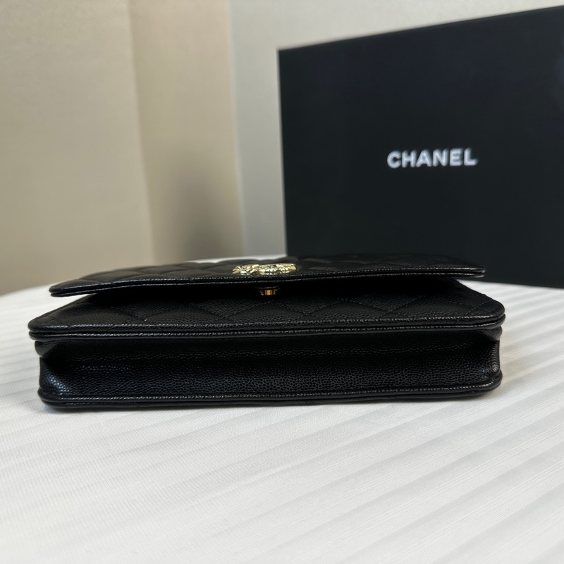 99新 香奈兒/Chanel Wallet on Chain WOC 金扣黑色荔枝皮特殊刻印雙C鏈條口蓋單肩19.5×3×12.5cm-3