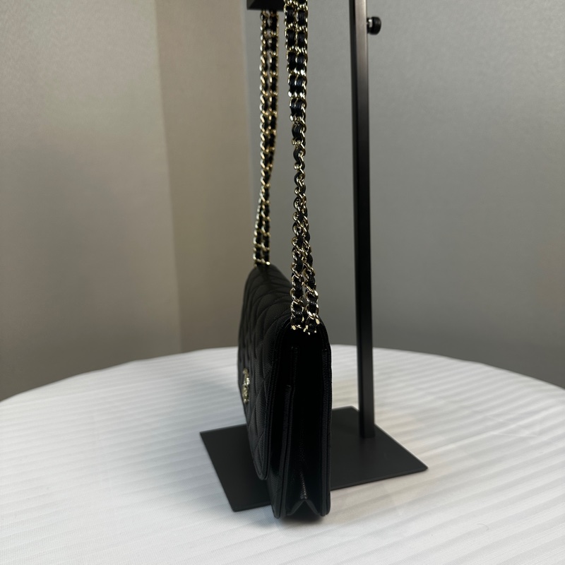 99新 香奈兒/Chanel Wallet on Chain WOC 金扣黑色荔枝皮特殊刻印雙C鏈條口蓋單肩19.5×3×12.5cm-5