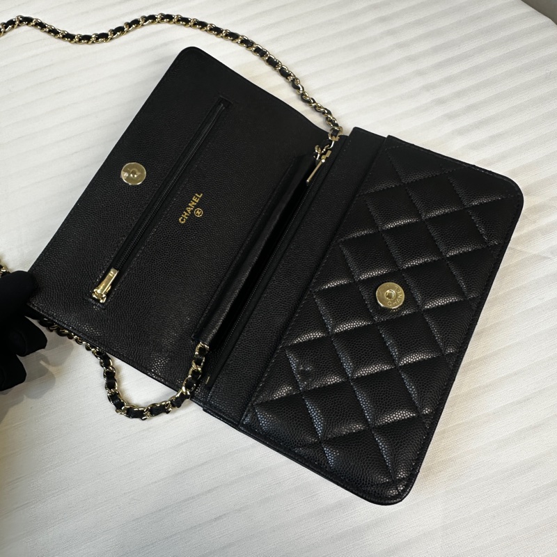 99新 香奈兒/Chanel Wallet on Chain WOC 金扣黑色荔枝皮特殊刻印雙C鏈條口蓋單肩19.5×3×12.5cm-7