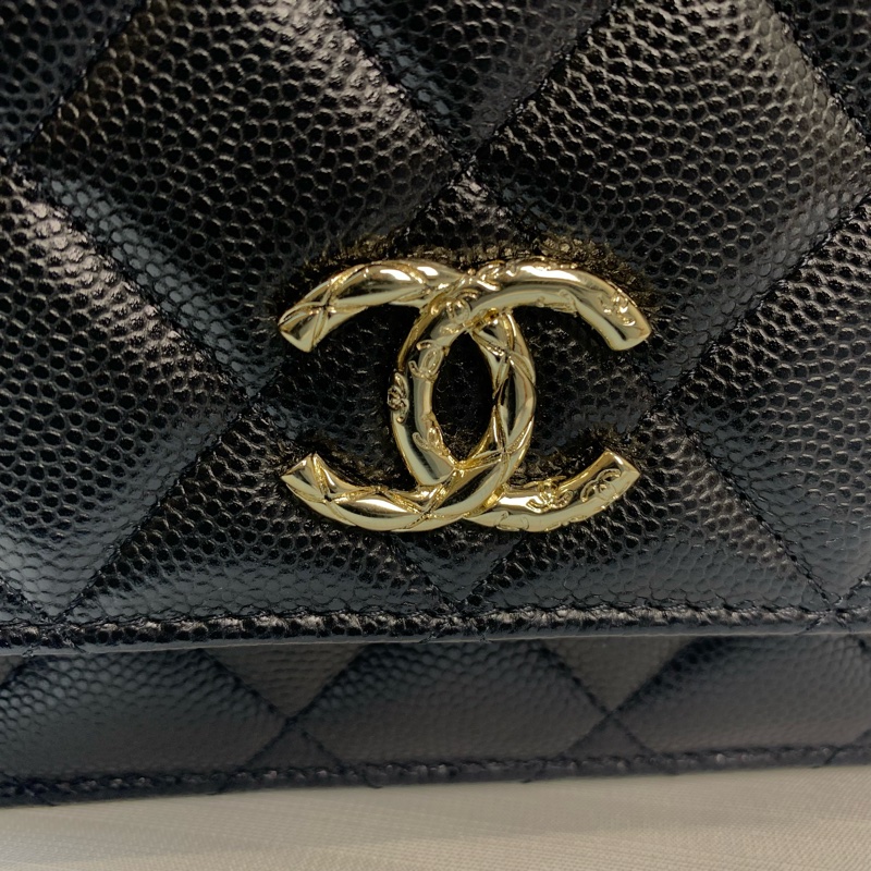 99新 香奈兒/Chanel Wallet on Chain WOC 金扣黑色荔枝皮特殊刻印雙C鏈條口蓋單肩19.5×3×12.5cm-9