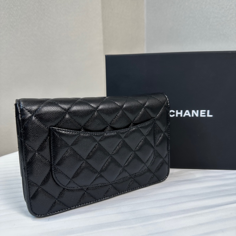 99新 香奈兒/Chanel Wallet on Chain WOC 金扣黑色荔枝皮特殊刻印雙C鏈條口蓋單肩19.5×3×12.5cm-12