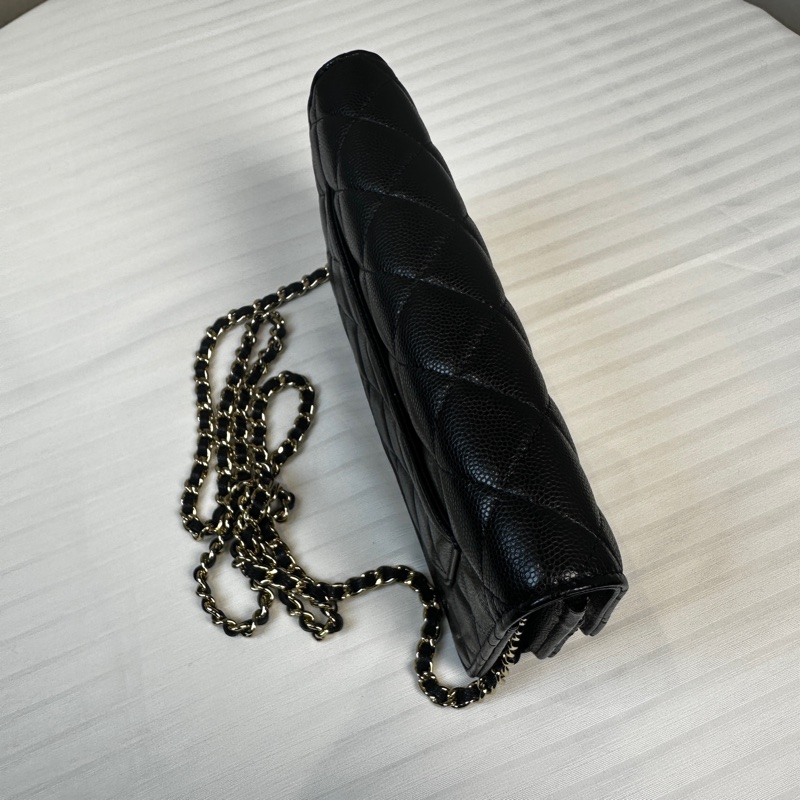 99新 香奈兒/Chanel Wallet on Chain WOC 金扣黑色荔枝皮特殊刻印雙C鏈條口蓋單肩19.5×3×12.5cm-16