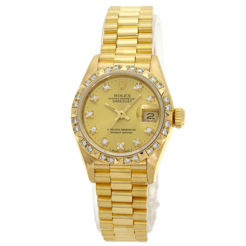 Rolex 69258G Datejust 10P 鑲鑽錶圈腕錶，18K黃金/18KYG/鑽石女士款-0