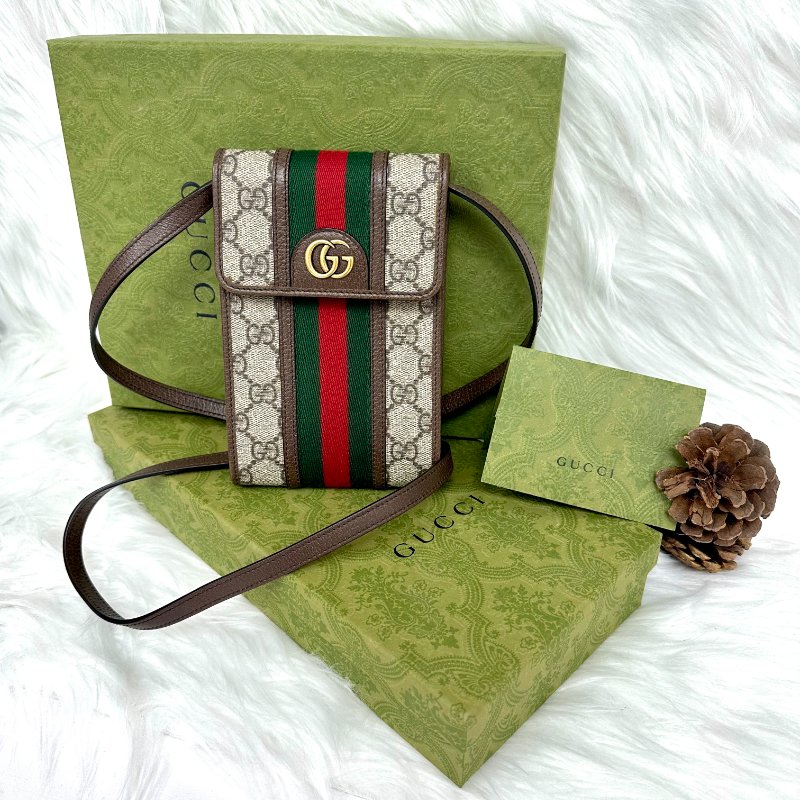 GUCCI Ophidia 烏木色拼多色 老花 塗層帆布拼牛皮 mini 手機包-0