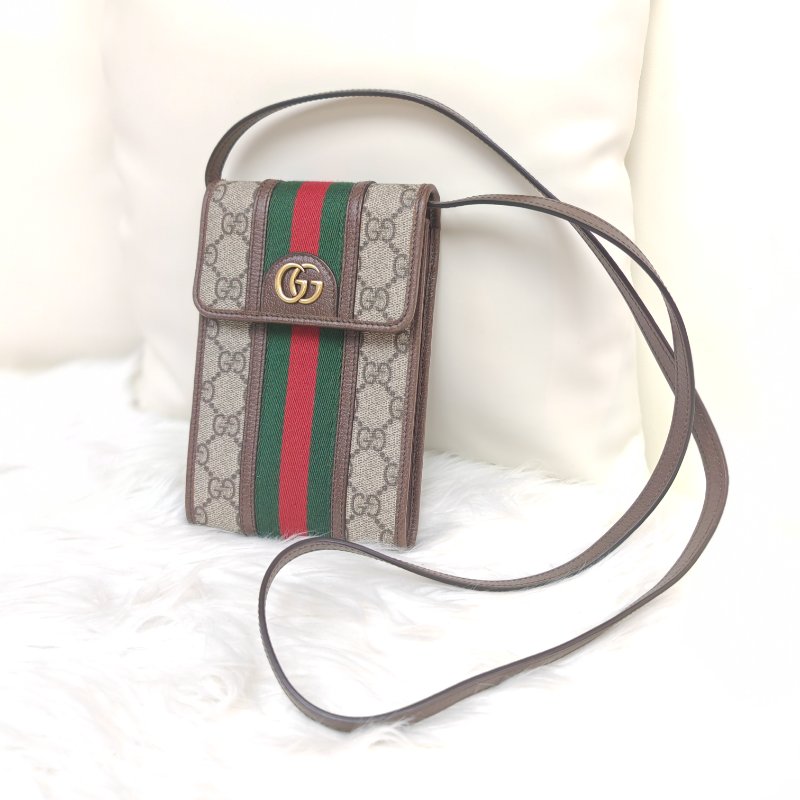 GUCCI Ophidia 烏木色拼多色 老花 塗層帆布拼牛皮 mini 手機包-1