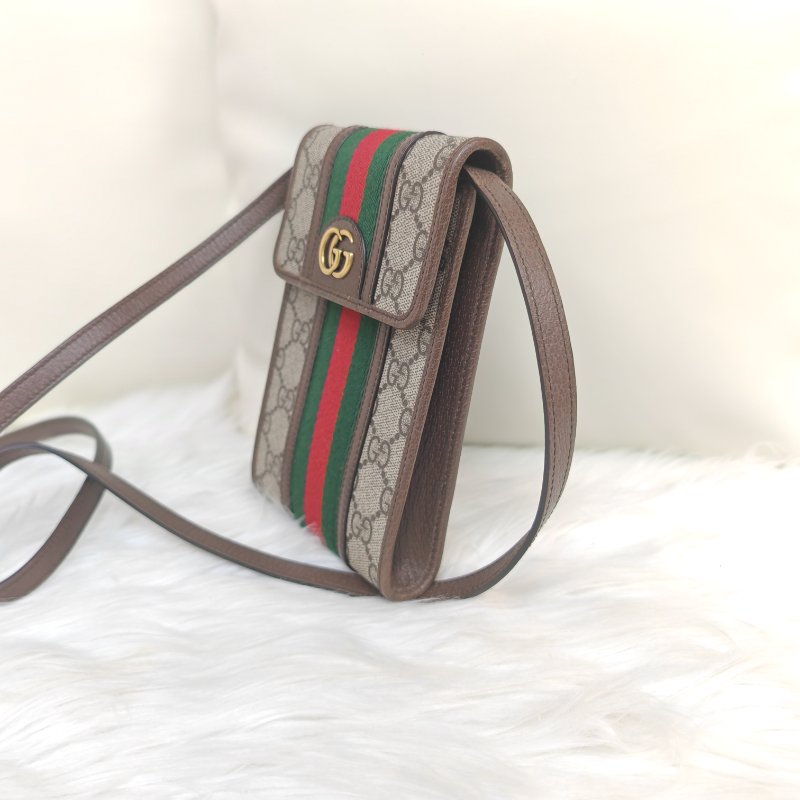 GUCCI Ophidia 烏木色拼多色 老花 塗層帆布拼牛皮 mini 手機包-3