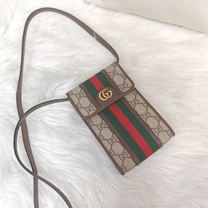 GUCCI Ophidia 烏木色拼多色 老花 塗層帆布拼牛皮 mini 手機包-5