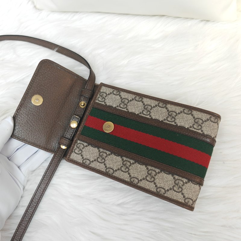 GUCCI Ophidia 烏木色拼多色 老花 塗層帆布拼牛皮 mini 手機包-6