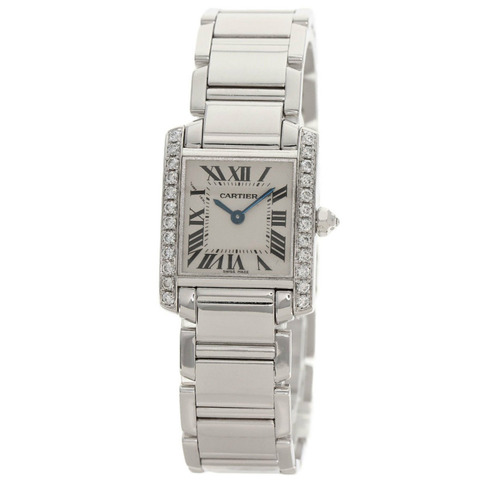 卡地亞 WE1002S3 Tank Française 小號腕錶，鑲鑽錶圈，18K 白金/18KWG/鑽石，女款
