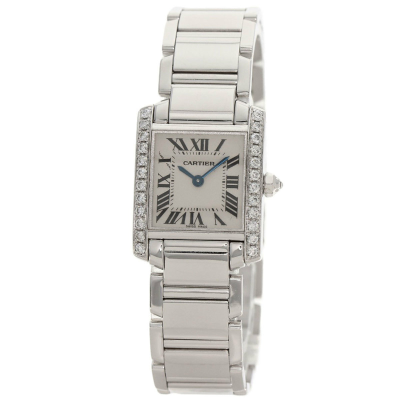 卡地亞 WE1002S3 Tank Française 小號腕錶，鑲鑽錶圈，18K 白金/18KWG/鑽石，女款-0