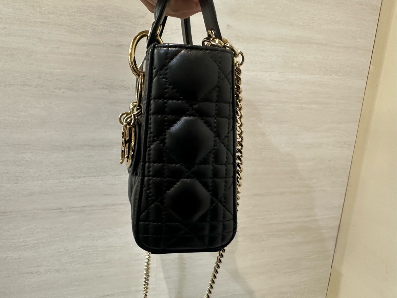 Dior 黑羊皮藤格紋金釦LadyDior手提斜背迷你黛妃包 M0505ONGE-2