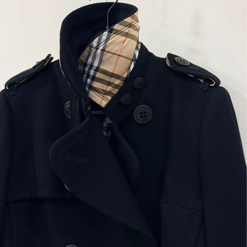 BURBERRY 藍標 內格紋腰帶毛料大衣 黑-3