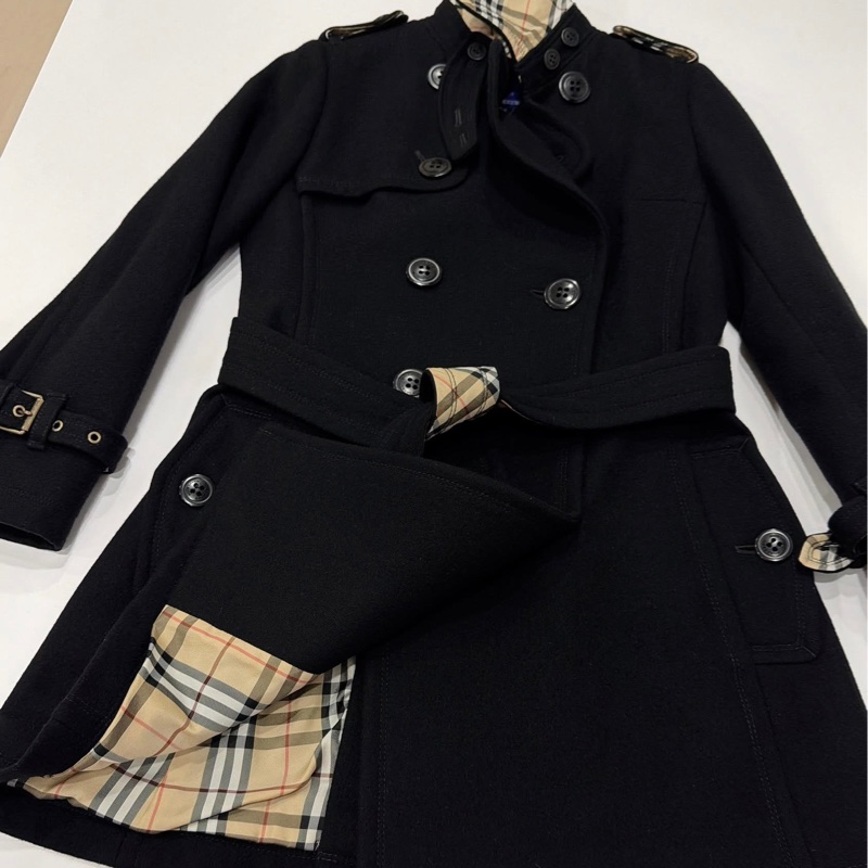 BURBERRY 藍標 內格紋腰帶毛料大衣 黑-7