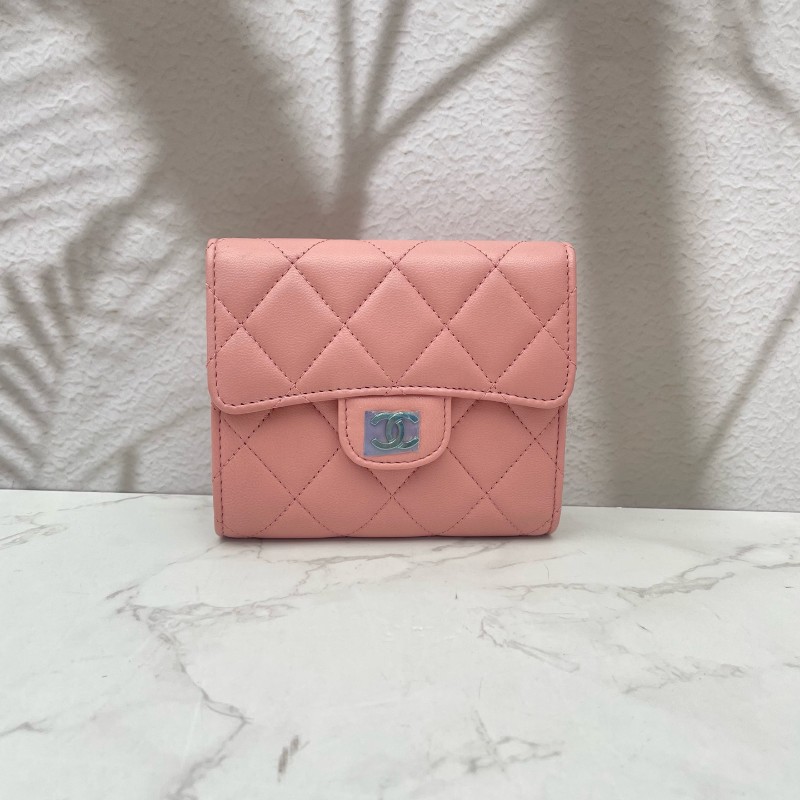 CHANEL粉色羊皮三折疊錢包錢夾卡夾卡包-0