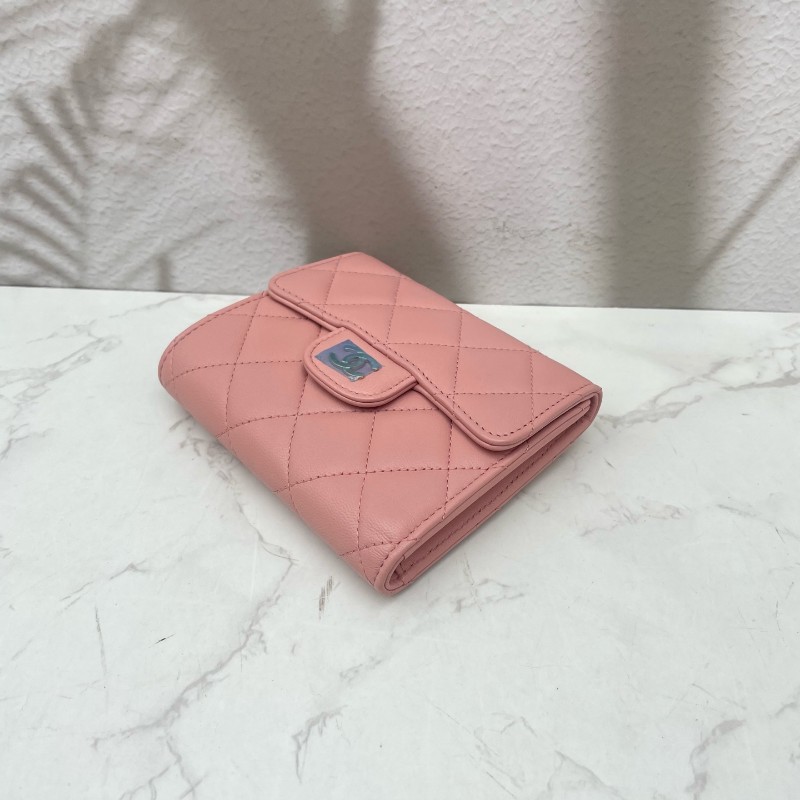 CHANEL粉色羊皮三折疊錢包錢夾卡夾卡包-3
