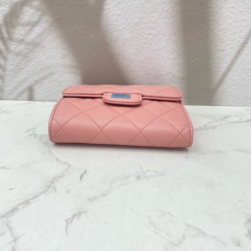 CHANEL粉色羊皮三折疊錢包錢夾卡夾卡包-5