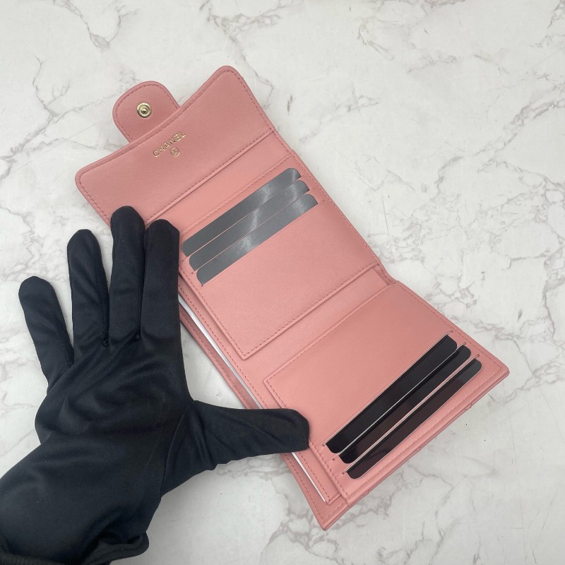 CHANEL粉色羊皮三折疊錢包錢夾卡夾卡包-6