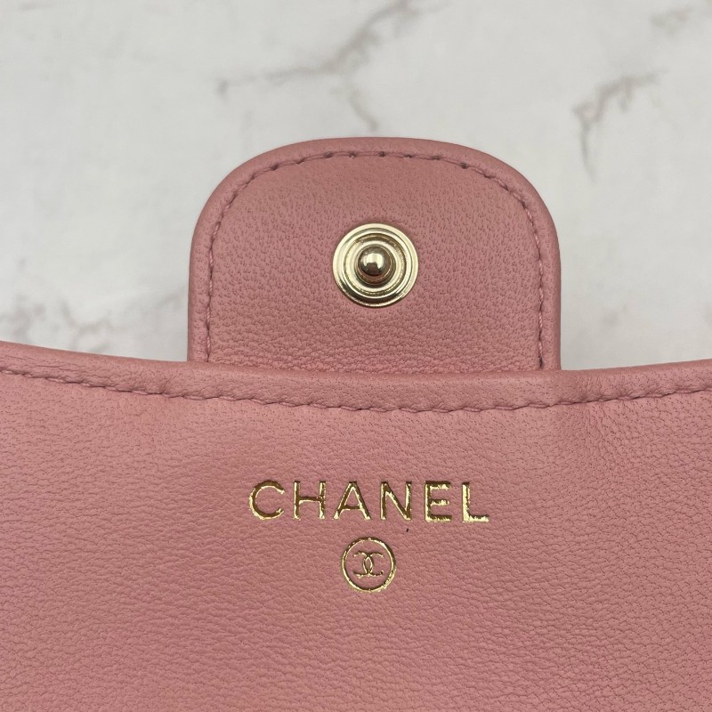 CHANEL粉色羊皮三折疊錢包錢夾卡夾卡包-9