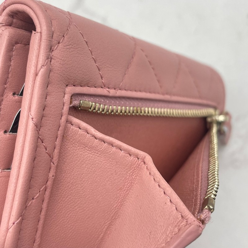 CHANEL粉色羊皮三折疊錢包錢夾卡夾卡包-14