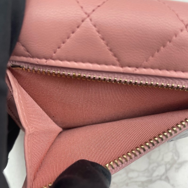CHANEL粉色羊皮三折疊錢包錢夾卡夾卡包-15