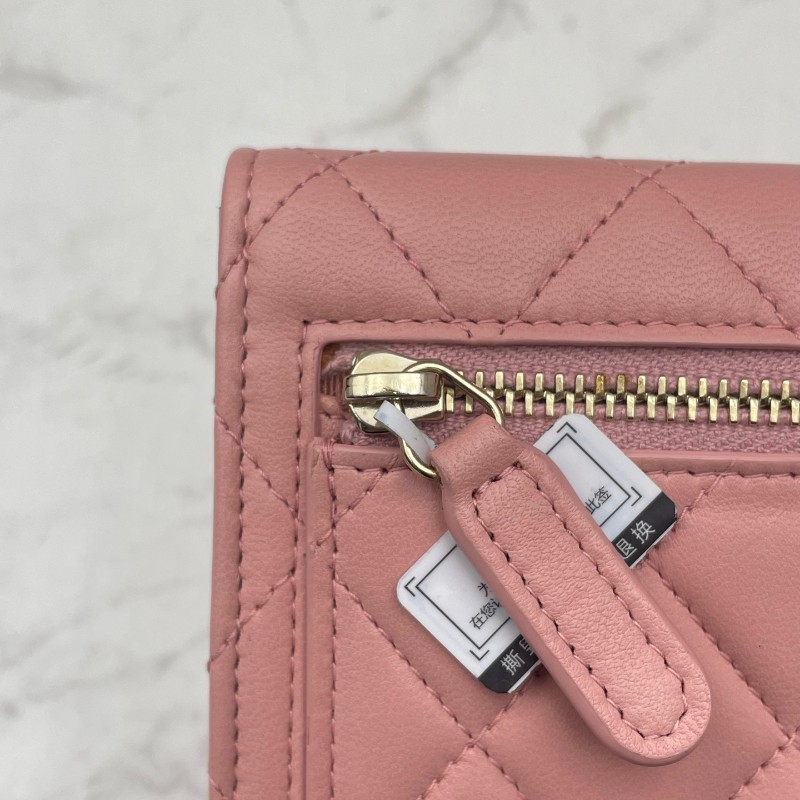 CHANEL粉色羊皮三折疊錢包錢夾卡夾卡包-16