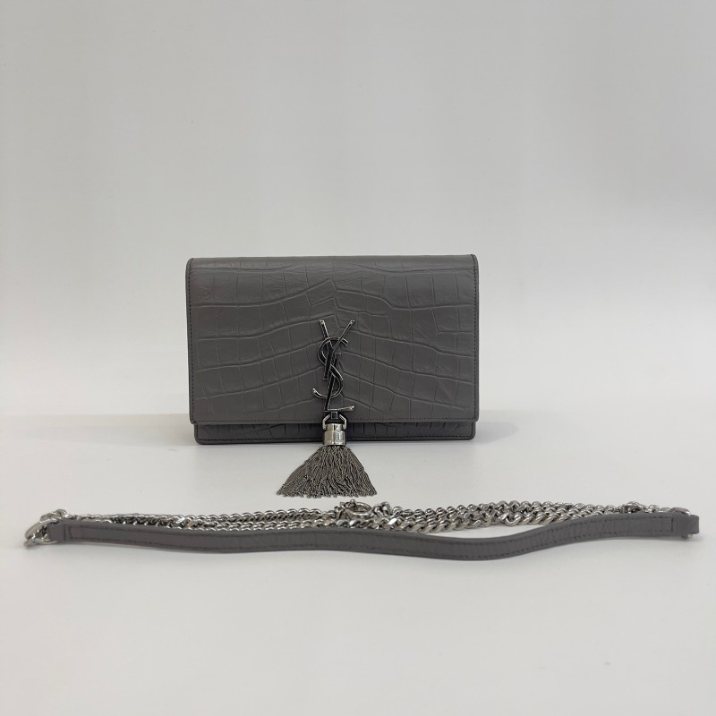 Saint laurent 流蘇kate灰銀霧面鱷魚壓紋19cm-0