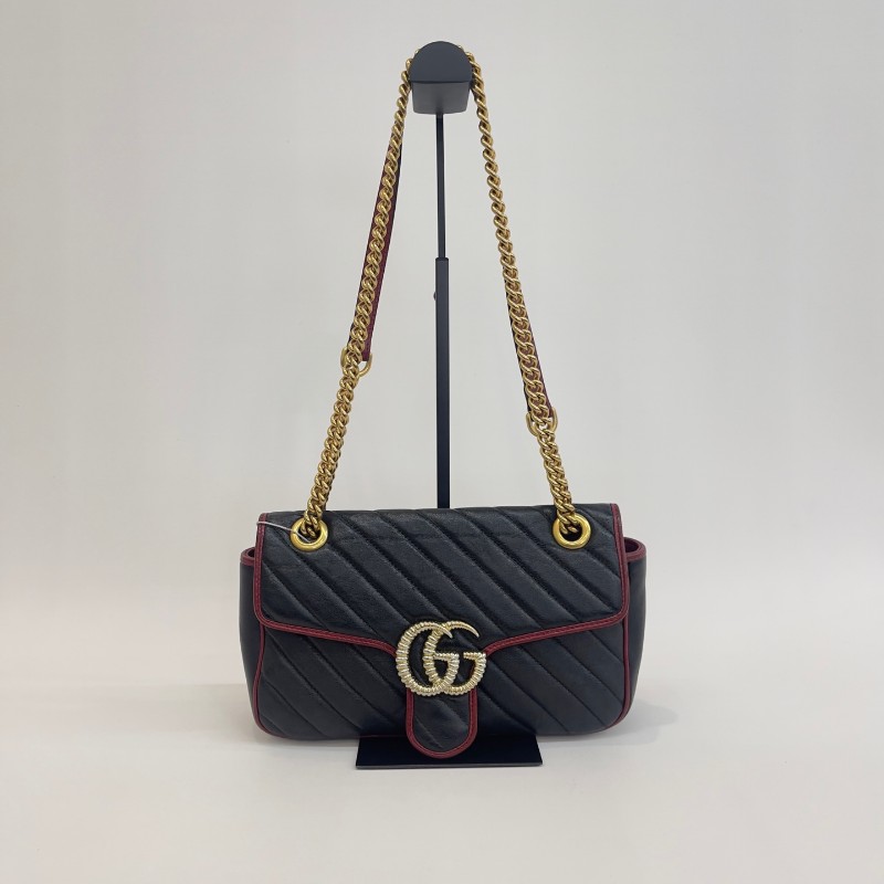 Gucci 黑色拼紅色斜紋馬蒙26鏈條肩背包-0