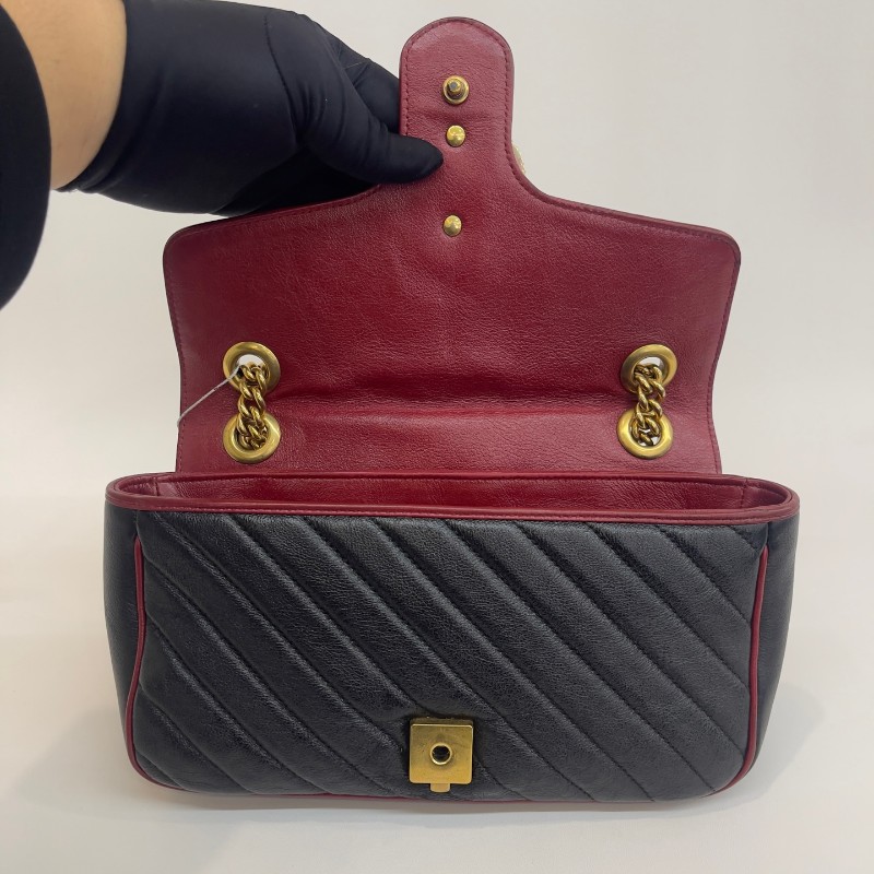 Gucci 黑色拼紅色斜紋馬蒙26鏈條肩背包-6