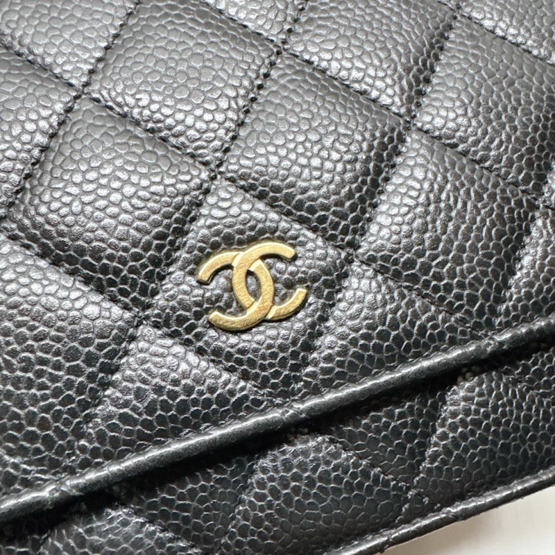 Chanel 經典CC淡金寇荔枝紋斜背長夾WOC-1